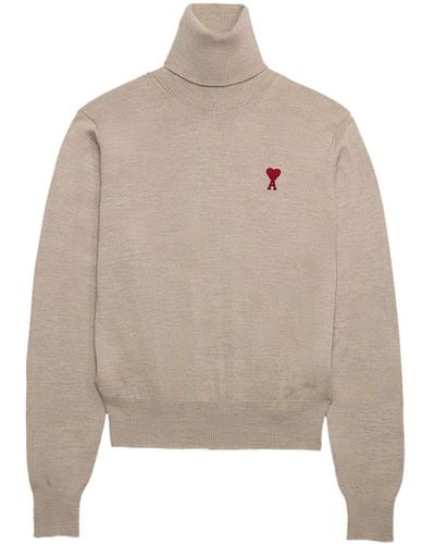 Ami Paris Logo-embroidered Roll-neck Sweater - Natural