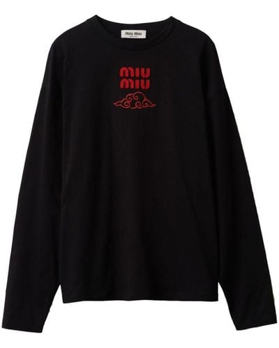 Miu Miu Logo-embroidered Cotton Sweatshirt - Black