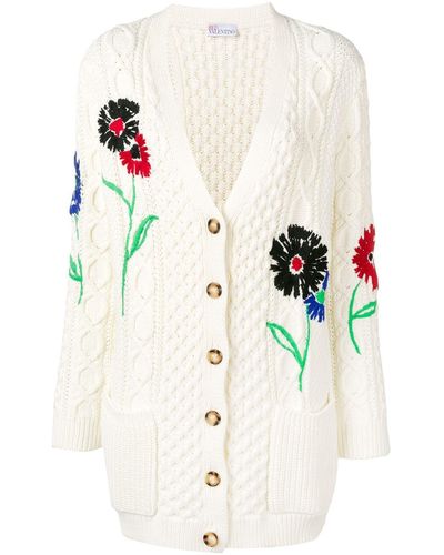 RED Valentino Floral-embroidered Cable-knit Cardigan - White