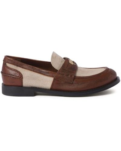 Miu Miu Women Leather Linen Loafers - Brown
