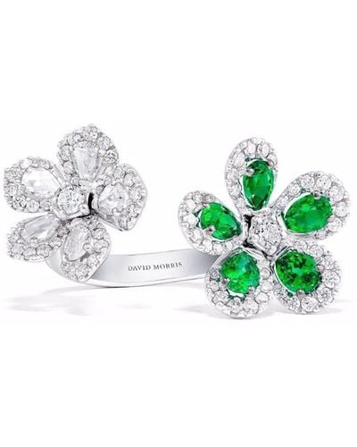 David Morris Anillo Miss Daisy en oro blanco de 18kt con diamantes y esmeraldas - Verde
