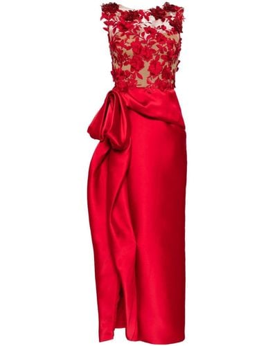 Marchesa Floral-appliqué Silk-blend Dress - レッド