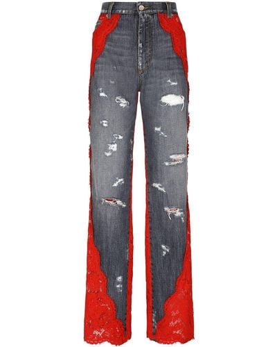 Dolce & Gabbana Floral-lace Wide-leg Jeans - Red