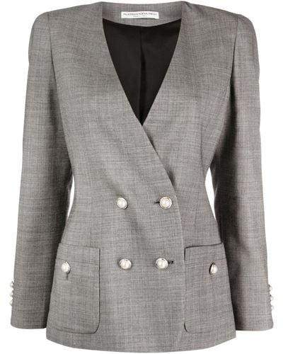 Alessandra Rich Double Breasted Tartan Wool Jacket - Grey