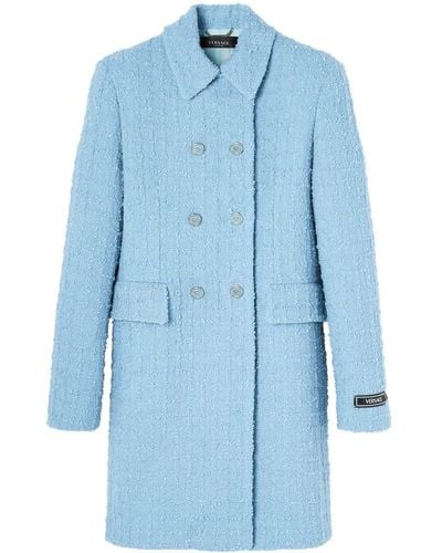 Versace Tweed Double-breasted Coat - Blue