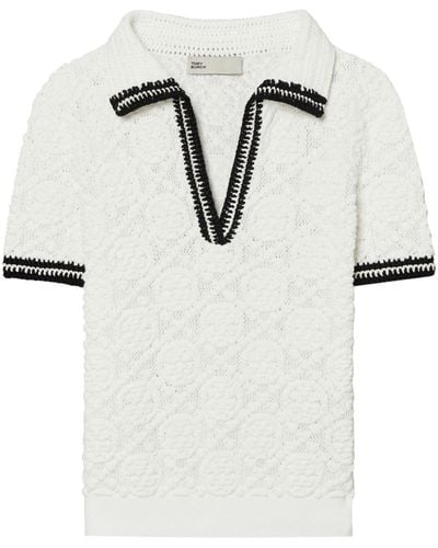 Tory Burch Pointelle Knitted Cotton Polo Shirt - White