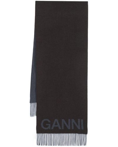 Ganni Logo Intarsia-knit Fringe-detailing Scarf - Black