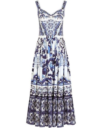Dolce & Gabbana Bustier Long Dress In Majolica Print Poplin - Blue