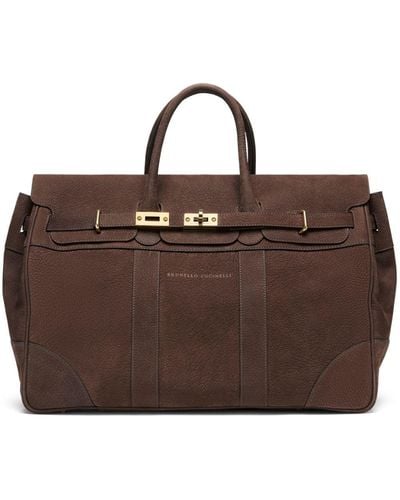 Brunello Cucinelli Logo-print Leather Handbag - Brown