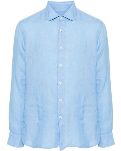 120% Lino Overhemd Met Klassieke Kraag - Blauw