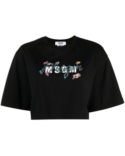 MSGM Cropped Floral Logo Print T-shirt - Black