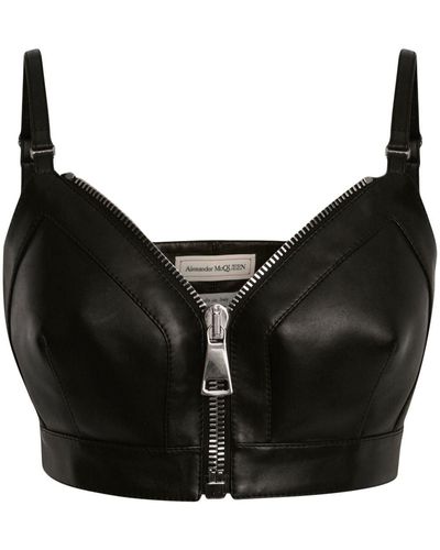 Alexander McQueen Leather Cropped Bustier Top in Black