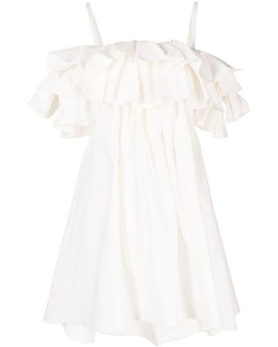 Goen.J Cold-shoulder Ruffled Dress - White