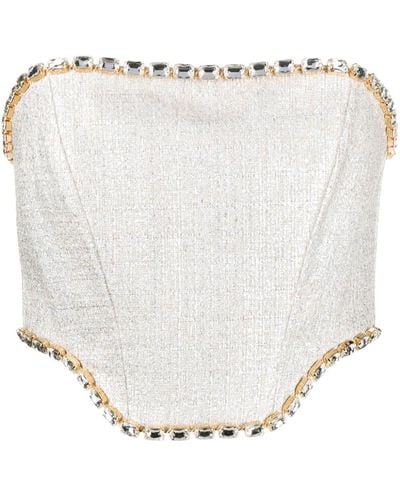 Elisabetta Franchi Rhinestone-embellished Tweed Bustier-style Top - White