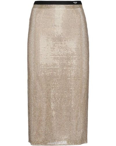 Prada Rhinestone-embellished Mesh Midi Skirt - Natural