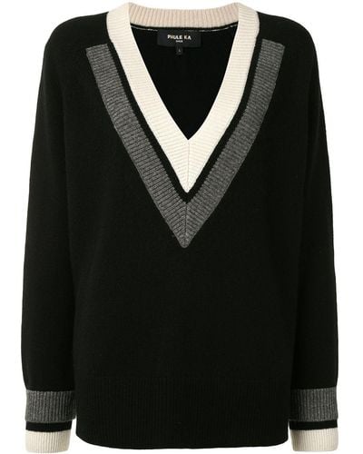 Paule Ka Knitted V-neck Panel Detail Sweater - Black