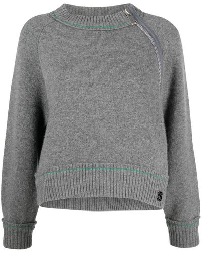 Sacai Off-centre Zip Crew-neck Sweater - Gray