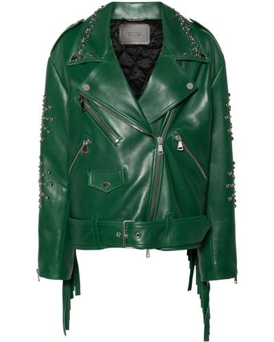 Erdem Studded Fringed Leather Biker Jacket - Green
