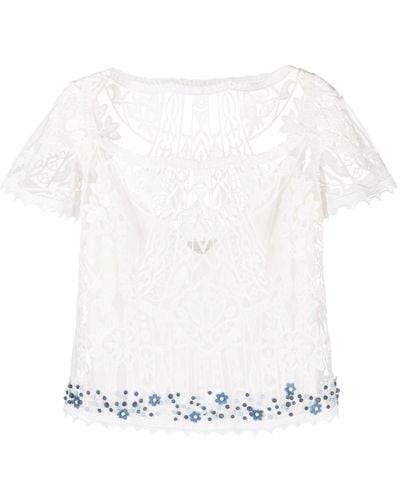 Gemy Maalouf Square-neck Lace-embroidery Blouse - White
