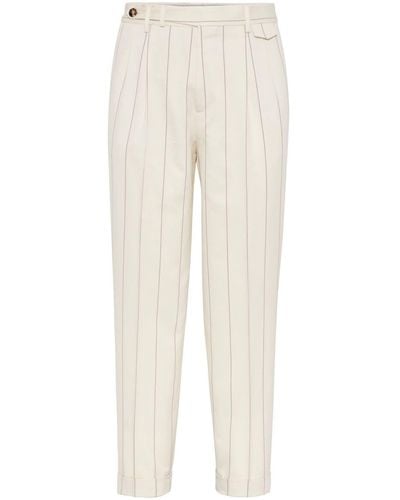 Brunello Cucinelli Stripe-pattern Wool-blend Tailored Trousers - Natural