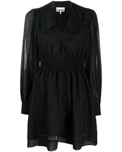 Ganni Pointed-collar Long-sleeve Dress - Black
