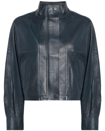 Yves Salomon High-neck Cropped Leather Jacket - Blue