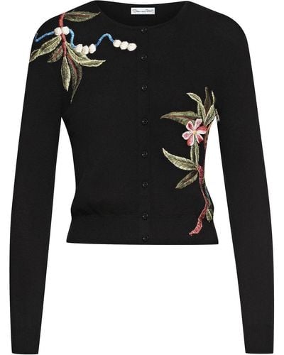 Oscar de la Renta Floral-embroidered Virgin Wool Cardigan - Black