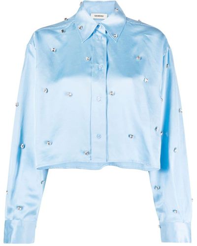 Sandro Camiseta corta con detalles de cristales - Azul