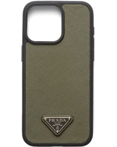 Prada Coque d'iPhone 15 Pro Max en cuir saffiano - Vert