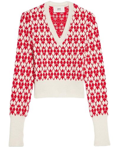 Ami Paris Ami De Coeur Argyle Sweater - Red