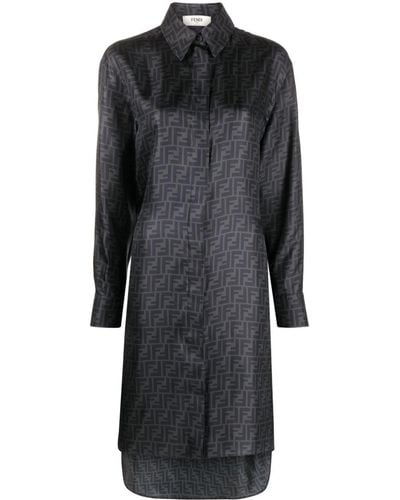 Fendi Ff-motif Silk Shirtdress - Black