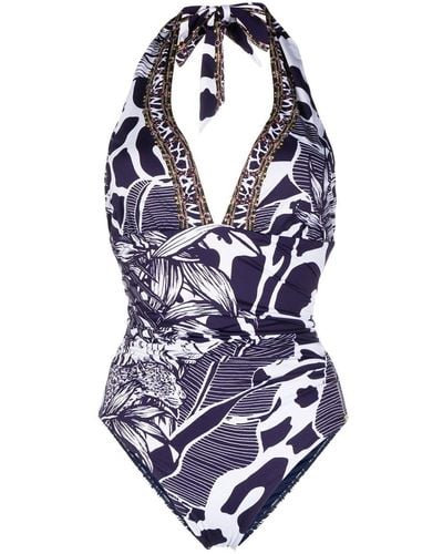 Camilla Animal-print Halterneck Swimsuit - Blue