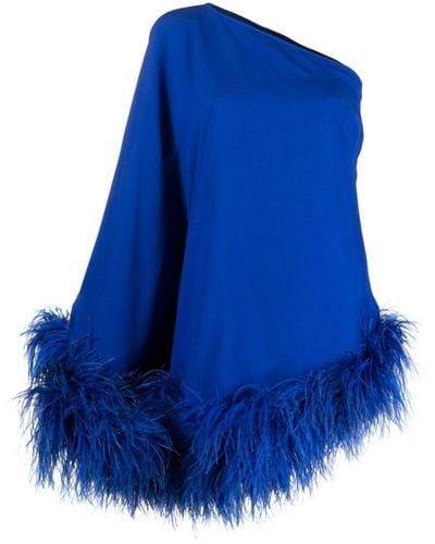 ‎Taller Marmo 'Ubud' Mini One-Shoulder Dress With Feather Trim - Blue