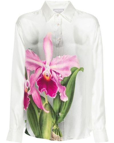 Pierre Louis Mascia Aloe Seidenhemd mit Orchideen-Print - Weiß