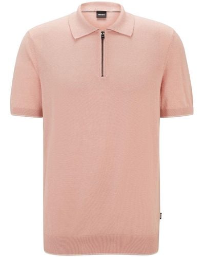 BOSS Zip-neck Linen-blend Polo Shirt - Pink