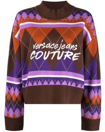 Versace Argyle-knit Logo-embroidered Jumper - Brown
