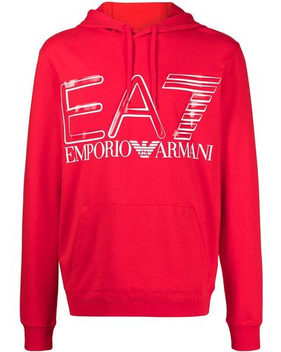 EA7 Logo-print Cotton Hoodie - Red