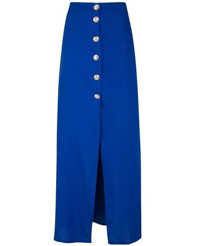 Adriana Degreas Buttoned-up Linen-blend Full Skirt - Blue