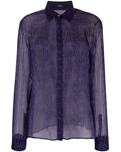 Versace Logo-print Semi-sheer Silk Shirt - Purple