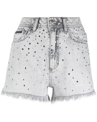 Philipp Plein Frayed Crystal-embellished Denim Shorts - Gray