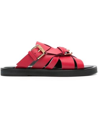 Moschino Buckled Leather Slides - Red