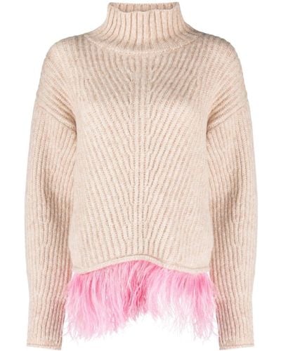 La DoubleJ Feather-trim Ribbed Sweater - Pink