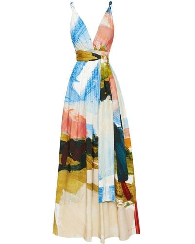 Oscar de la Renta Abstract-pattern Print V-neck Dress - Blue