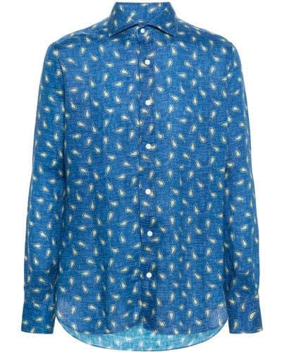 Barba Napoli Linnen Overhemd Met Paisley-print - Blauw