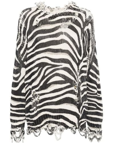 R13 Pullover mit Zebra-Print im Distressed-Look - Grau