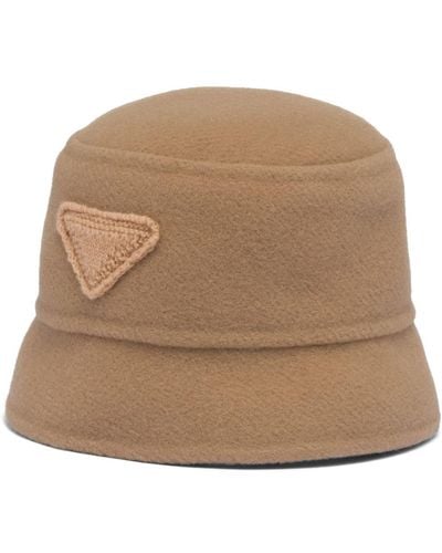 Prada Triangle-logo Velour Bucket Hat - Natural
