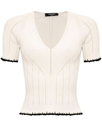 Balmain Pointelle-knit Short-sleeve Top - White