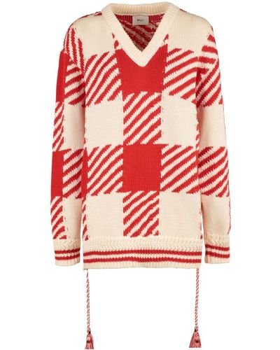 Bally V-neck Checked Cotton Sweater - Red
