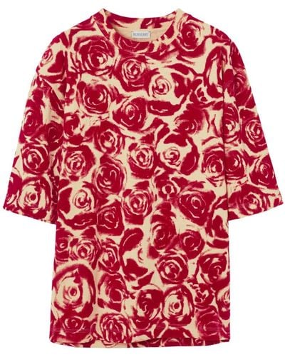 Burberry Rose-print Cotton T-shirt - Red