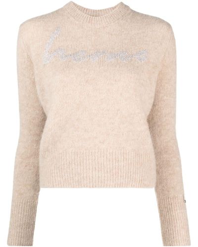 Herno Intarsia Knit-logo Crew-neck Sweater - Natural